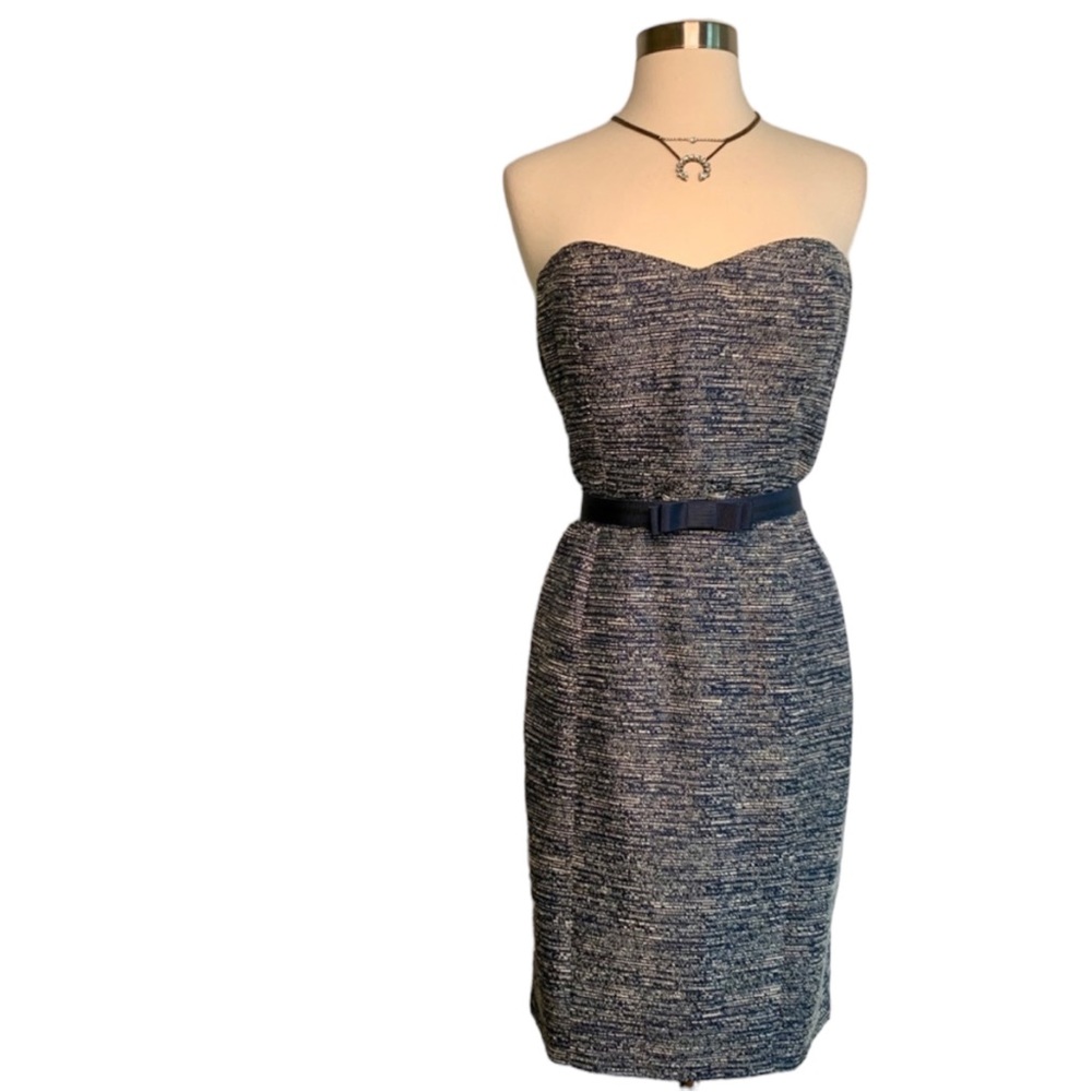 Theia Navy & White Bouclé Strapless Dress